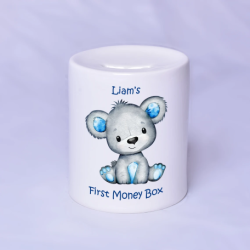 Personalised ceramic money box - Blue. Personalised with any name, Keepsake gift, Ideal present for boy, girl, baby or child